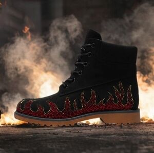 Black Suede Women's 'Zabrina' Combat Boots with Rhinestone Flames 8 Womens/7 Men